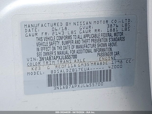 Nissan SENTRA SV 2018 3N1AB7APXJL655700 Image 9