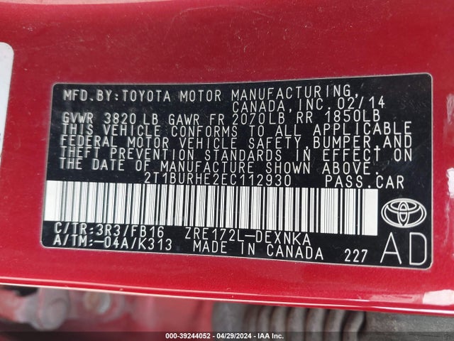 Toyota COROLLA LE 2014 2T1BURHE2EC112930 Image 9