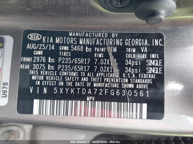 KIA Sorento Lx V6 2015 5XYKTDA72FG630561 Image 9