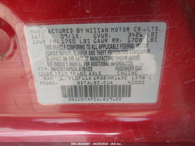 3N1CN7AP5GL819122 Nissan Versa 1.6 S/1.6 S+/1.6 Sl/1.6 Sv