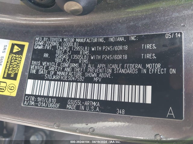Toyota Highlander Xle V6 2014 5TDJKRFH3ES047592 Image 9