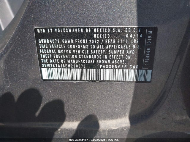39244187 :رقم المزاد ، 3VW2K7AJ8EM290573 vin ، 2014 Volkswagen Jetta 2.0l S مزاد بيع