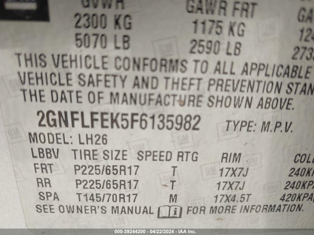 Chevrolet EQUINOX 1LT 2015 2GNFLFEK5F6135982 Image 9