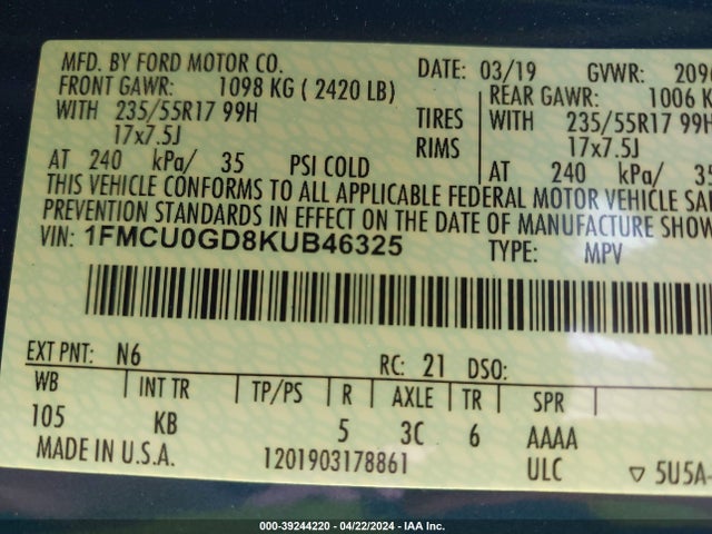 Ford ESCAPE SE 2019 1FMCU0GD8KUB46325 Image 9
