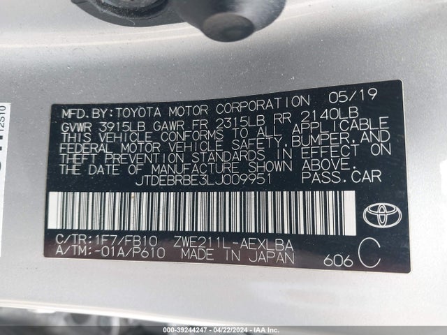 Toyota Corolla Hybrid Le 2020 JTDEBRBE3LJ009951 Image 9