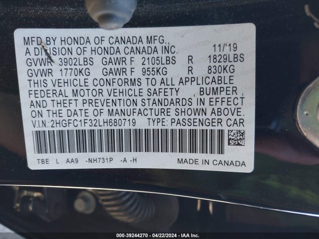 Honda CIVIC EX 2020 2HGFC1F32LH680719 Image 9
