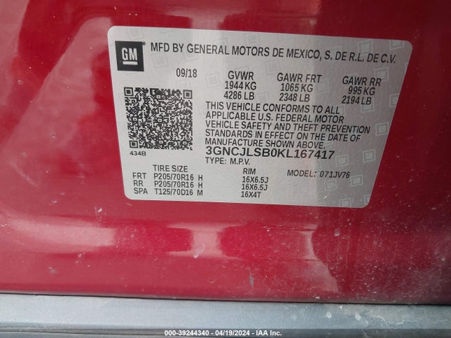 Chevrolet Trax Lt 2019 3GNCJLSB0KL167417 Image 9