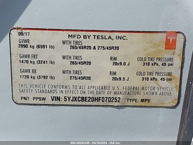 5YJXCBE20HF070252 Tesla Model X 100d/75d/90d