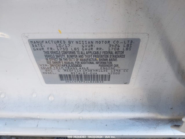 3N1CN7APXJL833833 Nissan Versa 1.6 Sv