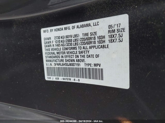 Honda ODYSSEY EX 2018 5FNRL6H55JB007191 Image 9