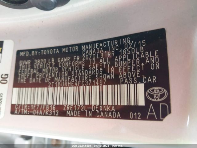 2T1BURHE4FC371467 Toyota COROLLA LE