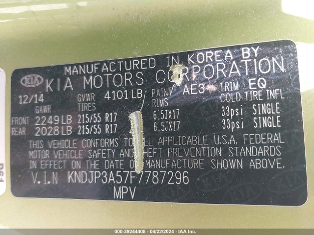 KIA SOUL + 2015 KNDJP3A57F7787296 Image 9