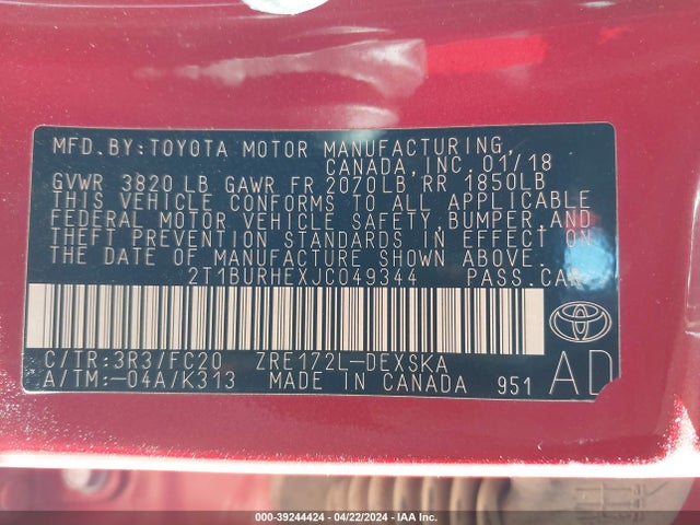 Toyota COROLLA SE 2018 2T1BURHEXJC049344 Image 9