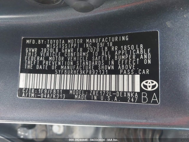 Toyota COROLLA LE 2019 5YFBURHE9KP892131 Image 9