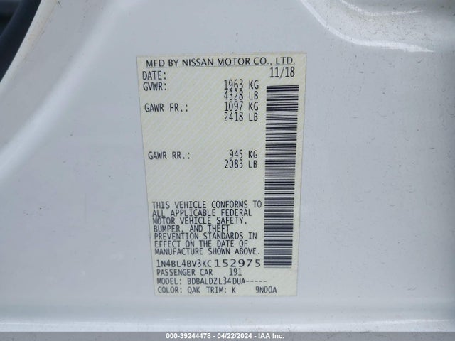 Nissan Altima 2.5 S 2019 1N4BL4BV3KC152975 Image 9