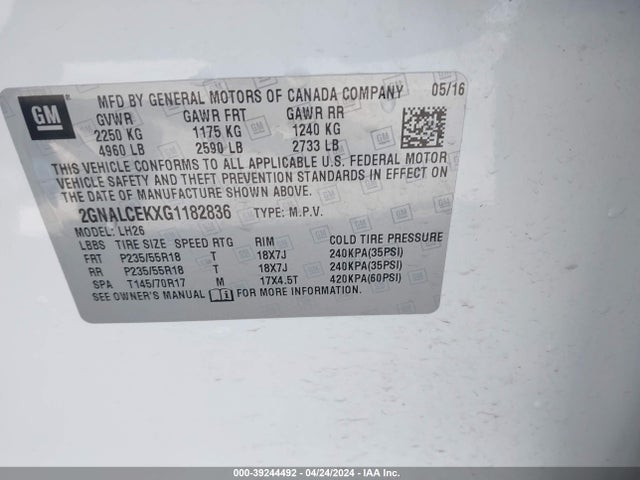 Chevrolet EQUINOX LT 2016 2GNALCEKXG1182836 Image 9