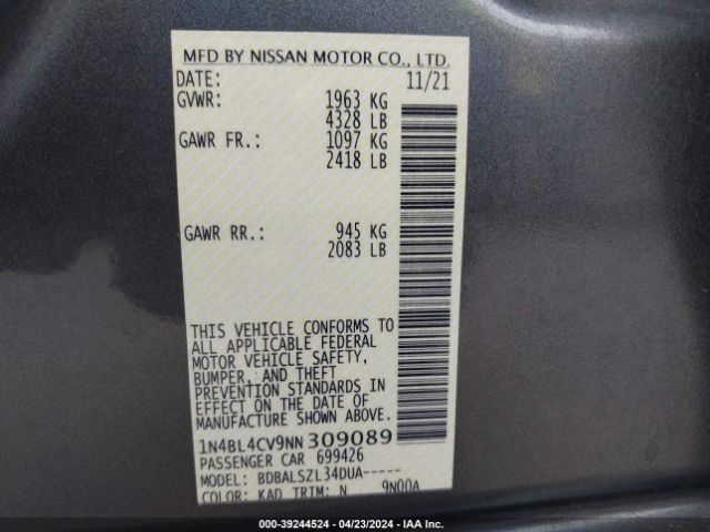 1N4BL4CV9NN309089 Nissan Altima Sr Fwd