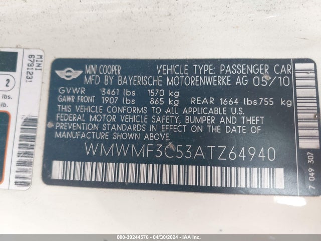 2010 MINI COOPER WMWMF3C53ATZ64940 Photo 8