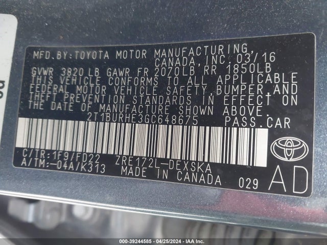 Toyota Corolla S 2016 2T1BURHE3GC648675 Image 9