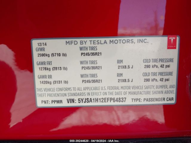5YJSA1H12EFP64837 Tesla Model S P85