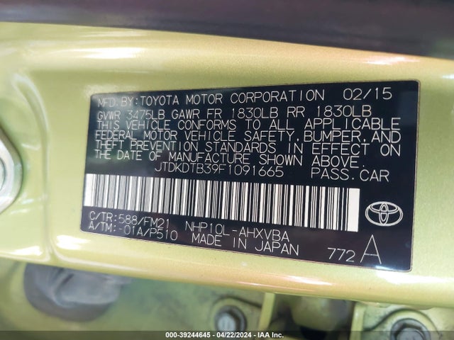 Toyota Prius C Two 2015 JTDKDTB39F1091665 Image 9