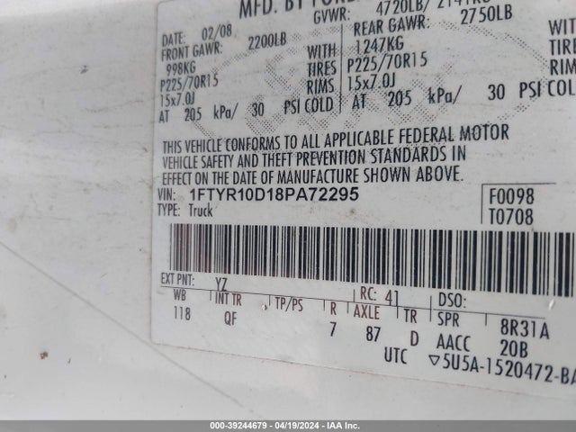 Продаж на аукціоні авто 2008 Ford Ranger Xl/xlt, vin: 1FTYR10D18PA72295, номер лоту: 39244679