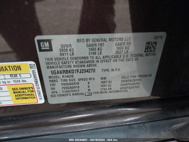 5GAKRBKD7FJ294270 Buick Enclave Leather