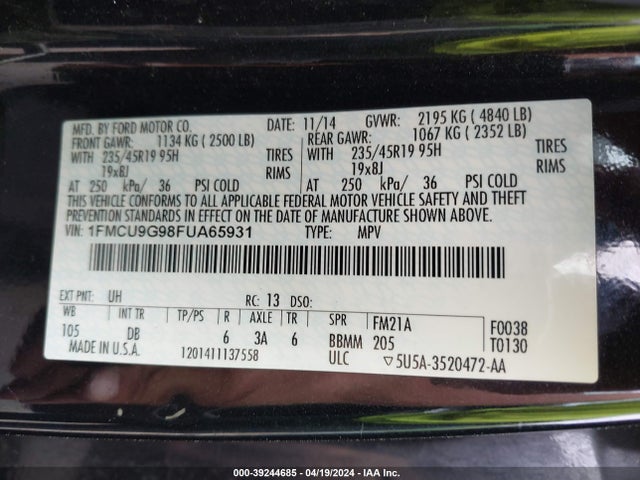 Ford ESCAPE SE 2015 1FMCU9G98FUA65931 Image 9