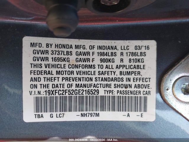 Honda Civic Lx 2016 19XFC2F52GE216529 Image 9