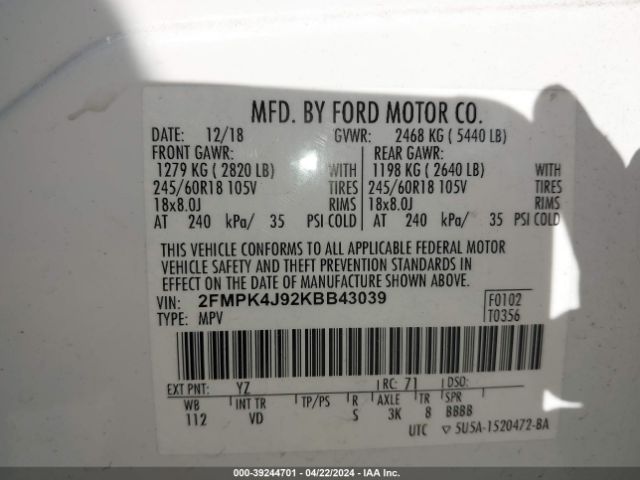 2FMPK4J92KBB43039 Ford EDGE SEL