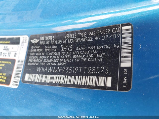 2009 MINI COOPER S WMWMF73519TT98523 Photo 8