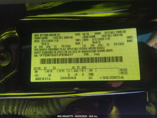 1FTEW1EG7JFE56317 Ford F-150 Lariat