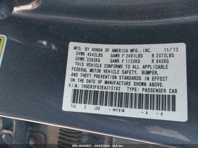 Honda Accord Ex-l V-6 2014 1HGCR3F83EA015192 Image 9