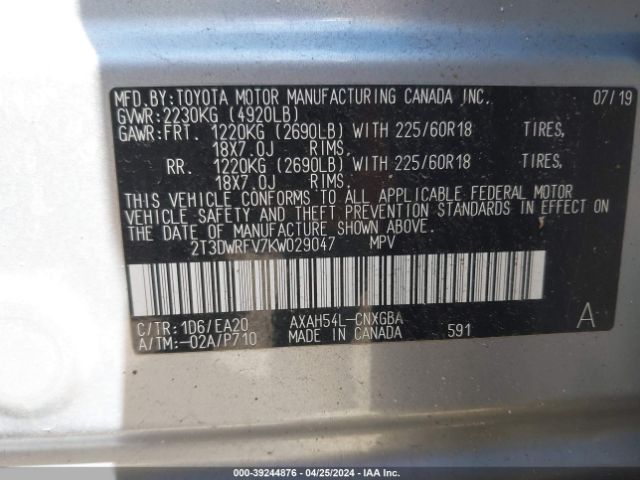 2T3DWRFV7KW029047 Toyota Rav4 Hybrid Limited