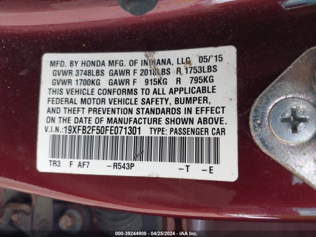 Honda Civic Lx 2015 19XFB2F50FE071301 Image 9