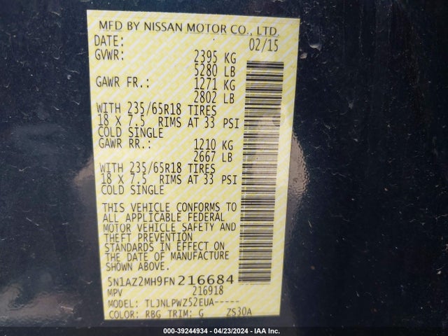 Nissan MURANO S 2015 5N1AZ2MH9FN216684 Image 9