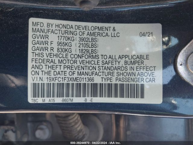 19XFC1F3XME011366 Honda CIVIC EX