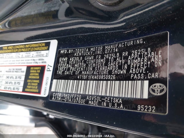 Toyota CAMRY SE 2014 4T1BF1FK4EU850926 Image 9
