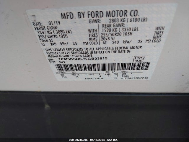 Ford EXPLORER XLT 2019 1FM5K8D87KGB03615 Image 9