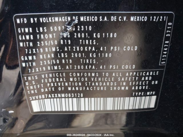 3VV8B7AXXNM063128 Volkswagen Tiguan 2.0t Se R-line Black
