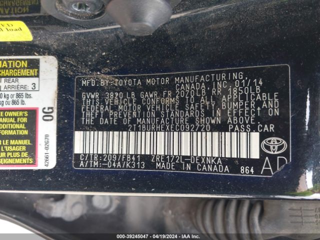 2T1BURHEXEC092720 Toyota COROLLA LE