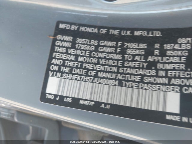 Honda CIVIC EX 2018 SHHFK7H57JU400894 Image 9