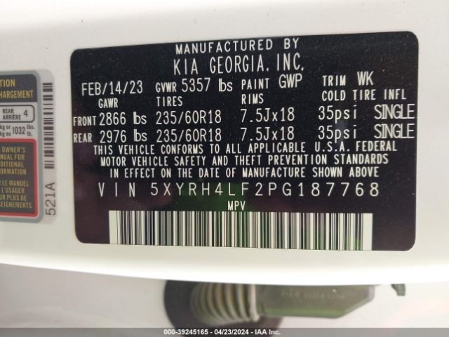 5XYRH4LF2PG187768 KIA SORENTO EX