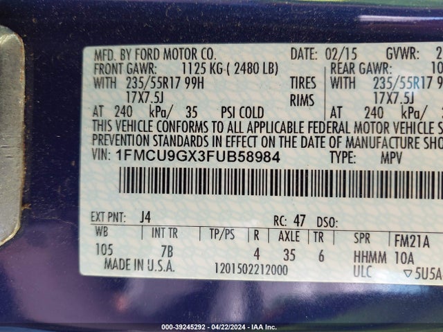 Ford ESCAPE SE 2015 1FMCU9GX3FUB58984 Image 9
