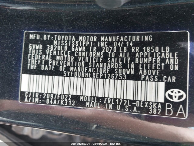 Toyota Corolla S Plus 2014 5YFBURHEXEP126753 Image 9