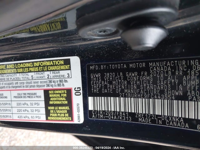 Toyota COROLLA LE 2015 2T1BURHE9FC443554 Image 9
