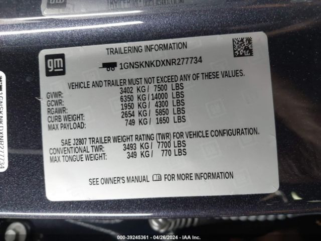 1GNSKNKDXNR277734 Chevrolet Tahoe 4wd Lt