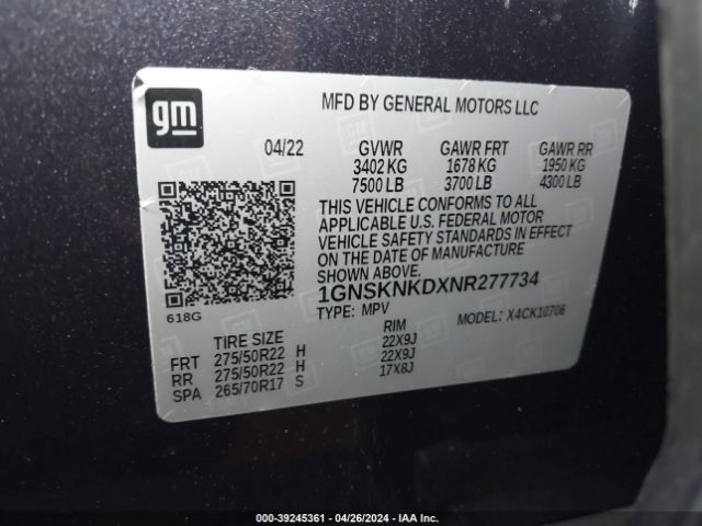 1GNSKNKDXNR277734 Chevrolet Tahoe 4wd Lt