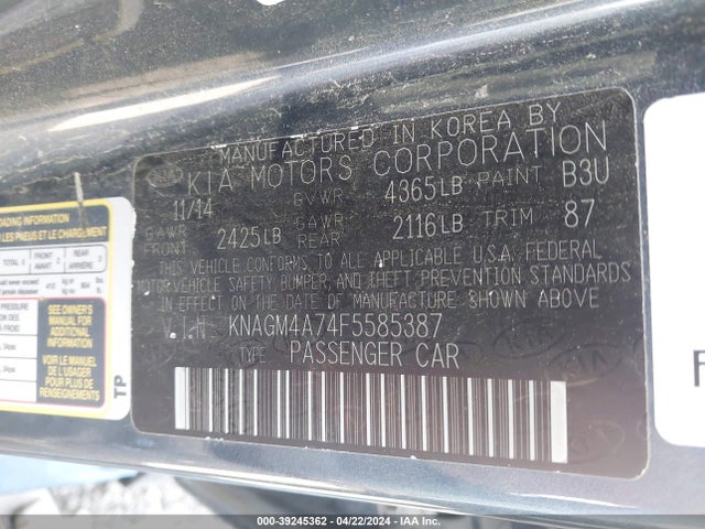 KIA Optima Lx 2015 KNAGM4A74F5585387 Image 9