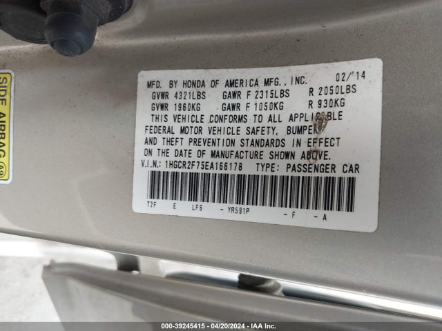 Honda ACCORD EX 2014 1HGCR2F75EA166178 Image 9